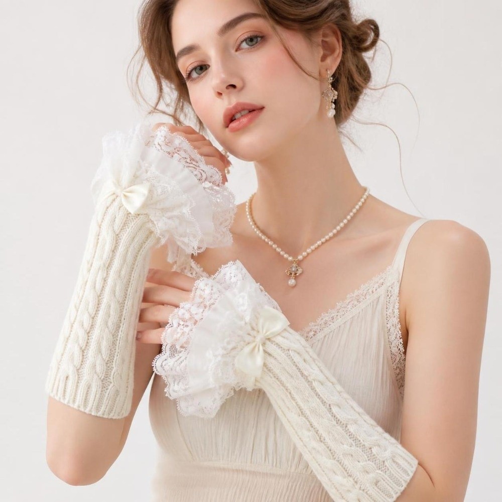 1 pair Lace Ruffle Hand Sleeve - Fingerless Glove Knit 评论和价格
